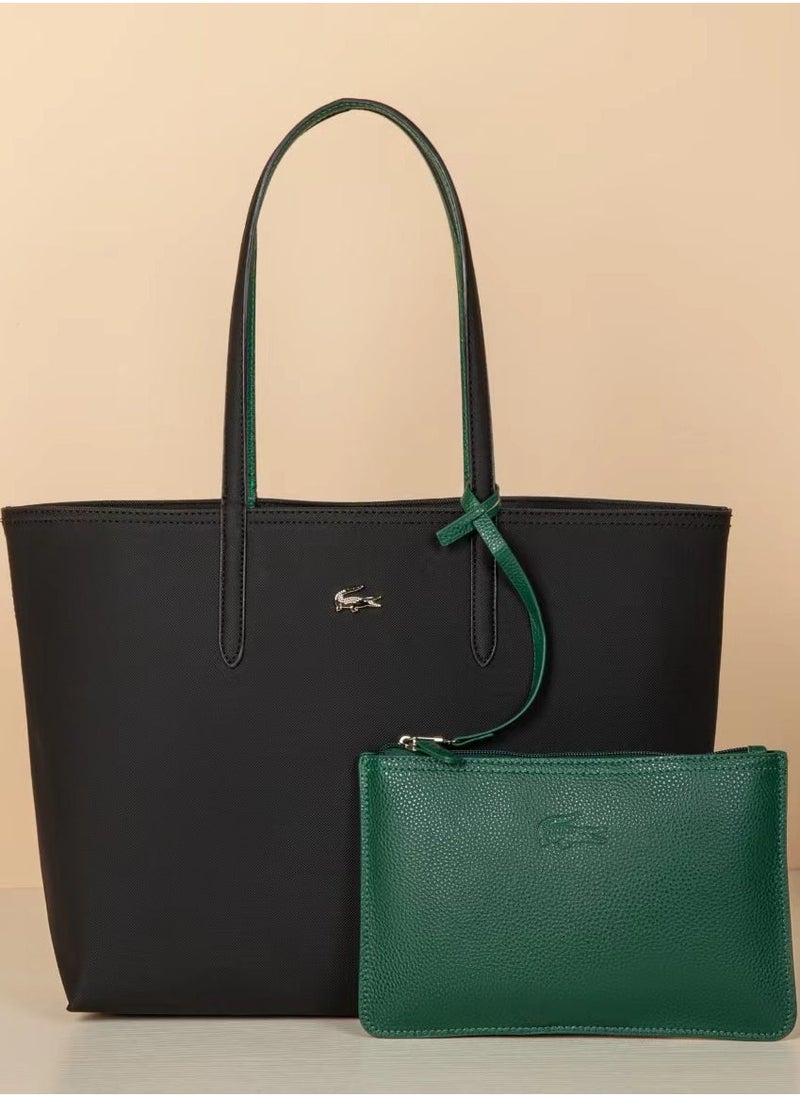 Lacoste Women's Anna Tote Bag Classic Large Capacity Reversible Bicolour Handbag ,Black/Green