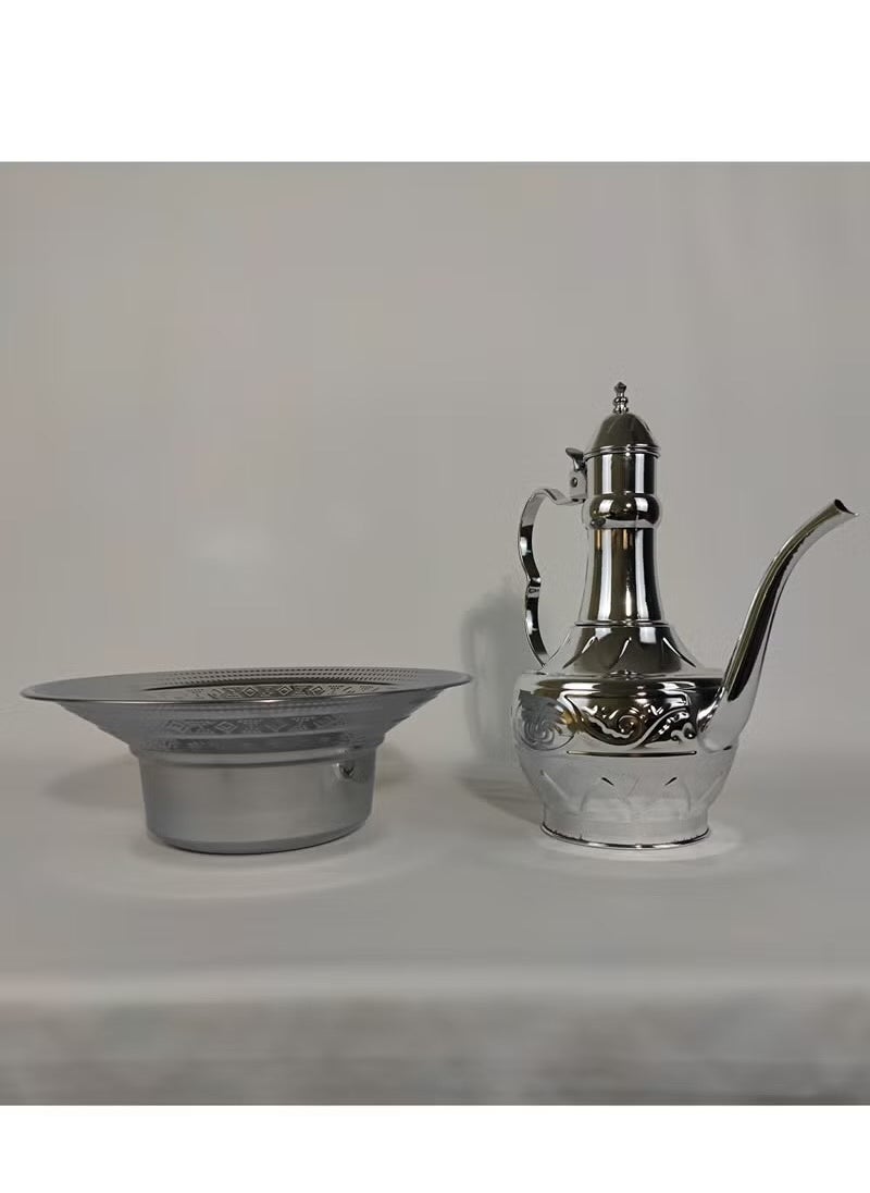 2.5L Classic Engraved Design Arab Traditional Hand Washing Set Stainless Steel Mirror Finish Long Tail Water Pot with Basin Set for Home Hotel Outdoor Travel Picnic 33 cm