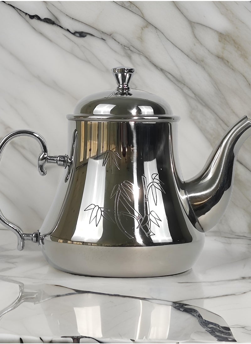 Classic Arabic Style Floral Engraved Design Coffee Dallah Pot Rustproof Premium Stainless Steel Teapot Mirror Finish Coffee Kettle Easy Pour Spout Tea Kettle with Detachable Lid and Ergonomic Handle Dishwasher Safe Induction Safe Teapot for Office Home 1.6 L