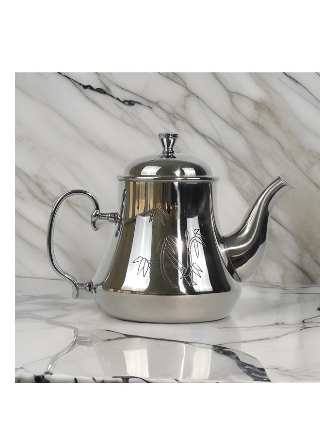 Classic Arabic Style Floral Engraved Design Coffee Dallah Pot Rustproof Premium Stainless Steel Teapot Mirror Finish Coffee Kettle Easy Pour Spout Tea Kettle with Detachable Lid and Ergonomic Handle Dishwasher Safe Induction Safe Teapot for Office Home 1.6 L