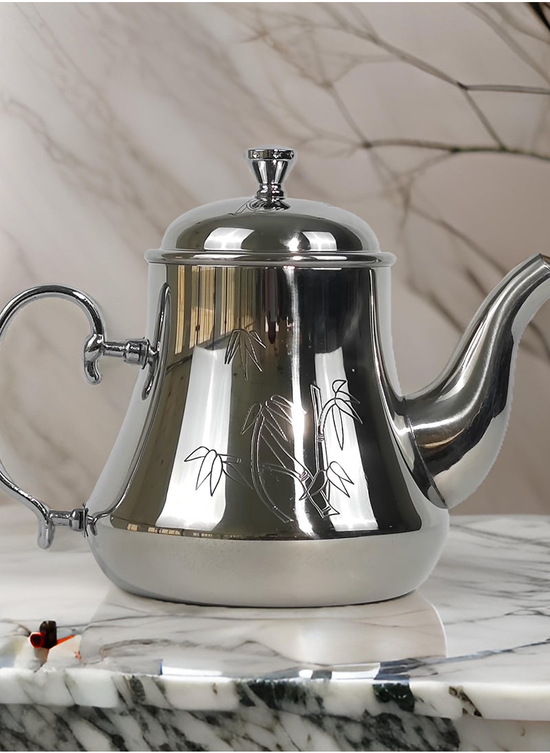 Classic Arabic Style Floral Engraved Design Coffee Dallah Pot Rustproof Premium Stainless Steel Teapot Mirror Finish Coffee Kettle Easy Pour Spout Tea Kettle with Detachable Lid and Ergonomic Handle Dishwasher Safe Induction Safe Teapot for Office Home 1.6 L