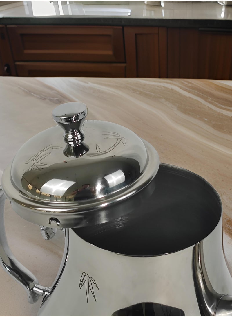 Classic Arabic Style Floral Engraved Design Coffee Dallah Pot Rustproof Premium Stainless Steel Teapot Mirror Finish Coffee Kettle Easy Pour Spout Tea Kettle with Detachable Lid and Ergonomic Handle Dishwasher Safe Induction Safe Teapot for Office Home 1.6 L