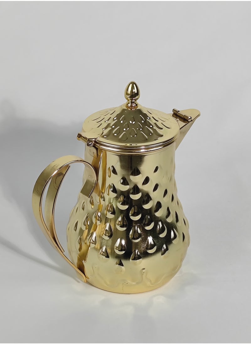 Classic Arabic Style Water Drop Pattern Coffee Dallah Pot Rustproof Premium Stainless Steel Teapot Mirror Finish Coffee Kettle Easy Pour Spout Tea Kettle with Hinged Lid and Ergonomic Handle Dishwasher Safe Induction Safe Teapot for Office Home 2L