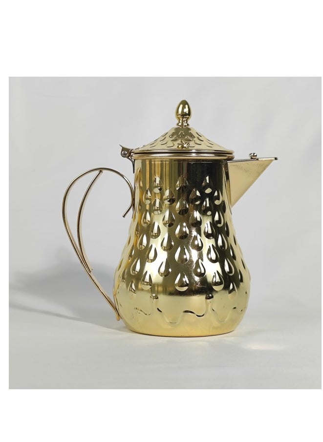Classic Arabic Style Water Drop Pattern Coffee Dallah Pot Rustproof Premium Stainless Steel Teapot Mirror Finish Coffee Kettle Easy Pour Spout Tea Kettle with Hinged Lid and Ergonomic Handle Dishwasher Safe Induction Safe Teapot for Office Home 1.5L