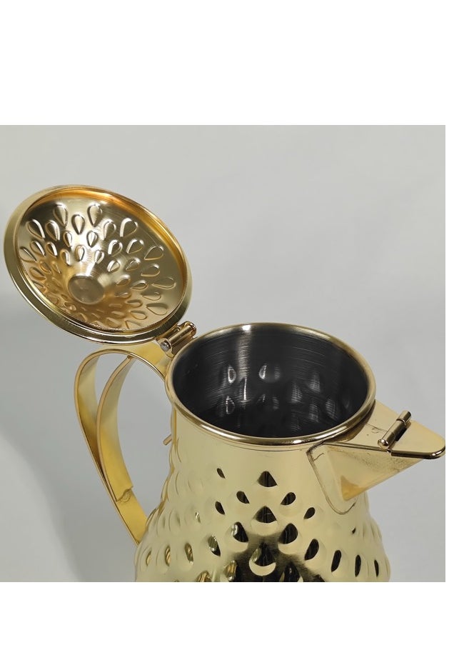 Classic Arabic Style Water Drop Pattern Coffee Dallah Pot Rustproof Premium Stainless Steel Teapot Mirror Finish Coffee Kettle Easy Pour Spout Tea Kettle with Hinged Lid and Ergonomic Handle Dishwasher Safe Induction Safe Teapot for Office Home 1.5L
