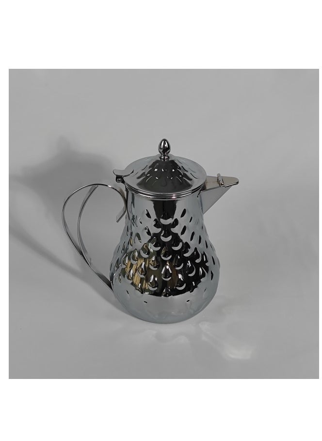 Classic Arabic Style Water Drop Pattern Coffee Dallah Pot Rustproof Premium Stainless Steel Teapot Mirror Finish Coffee Kettle Easy Pour Spout Tea Kettle with Hinged Lid and Ergonomic Handle Dishwasher Safe Induction Safe Teapot for Office Home 1L