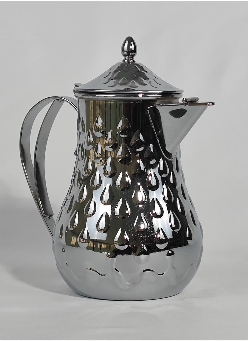 Classic Arabic Style Water Drop Pattern Coffee Dallah Pot Rustproof Premium Stainless Steel Teapot Mirror Finish Coffee Kettle Easy Pour Spout Tea Kettle with Hinged Lid and Ergonomic Handle Dishwasher Safe Induction Safe Teapot for Office Home 1L