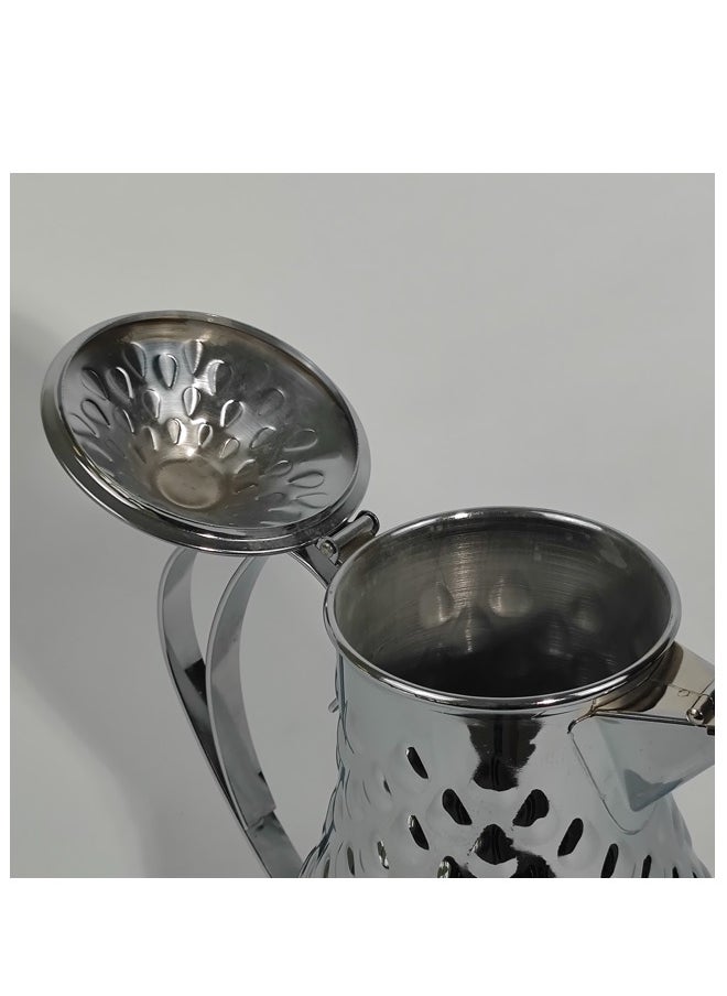Classic Arabic Style Water Drop Pattern Coffee Dallah Pot Rustproof Premium Stainless Steel Teapot Mirror Finish Coffee Kettle Easy Pour Spout Tea Kettle with Hinged Lid and Ergonomic Handle Dishwasher Safe Induction Safe Teapot for Office Home 1.5L