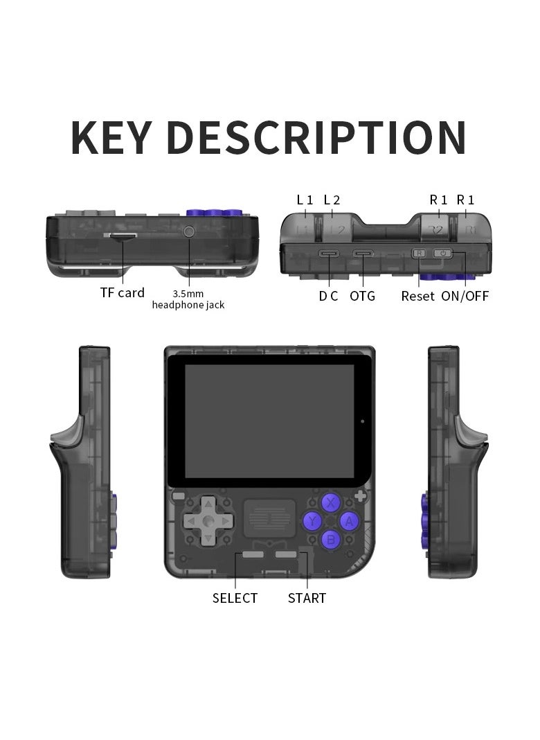 POWKIDDY V10 Handheld Retro Game Console, 17+ Emulators for ARCADE, PS1, GB, Supports Game Downloads, 5500+ Games Preloaded, Compatible with 64-bit 3D Simulators. Perfect for Retro Gamers(Transparent Black, 128G)