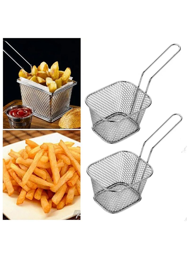 4 pcs Mini Square Fry Basket Steel French Fry Chip Basket Food Baskets for Serving Stainless Steel Fry Basket with Handle Reusable Fries Holder Mini Deep Fryer