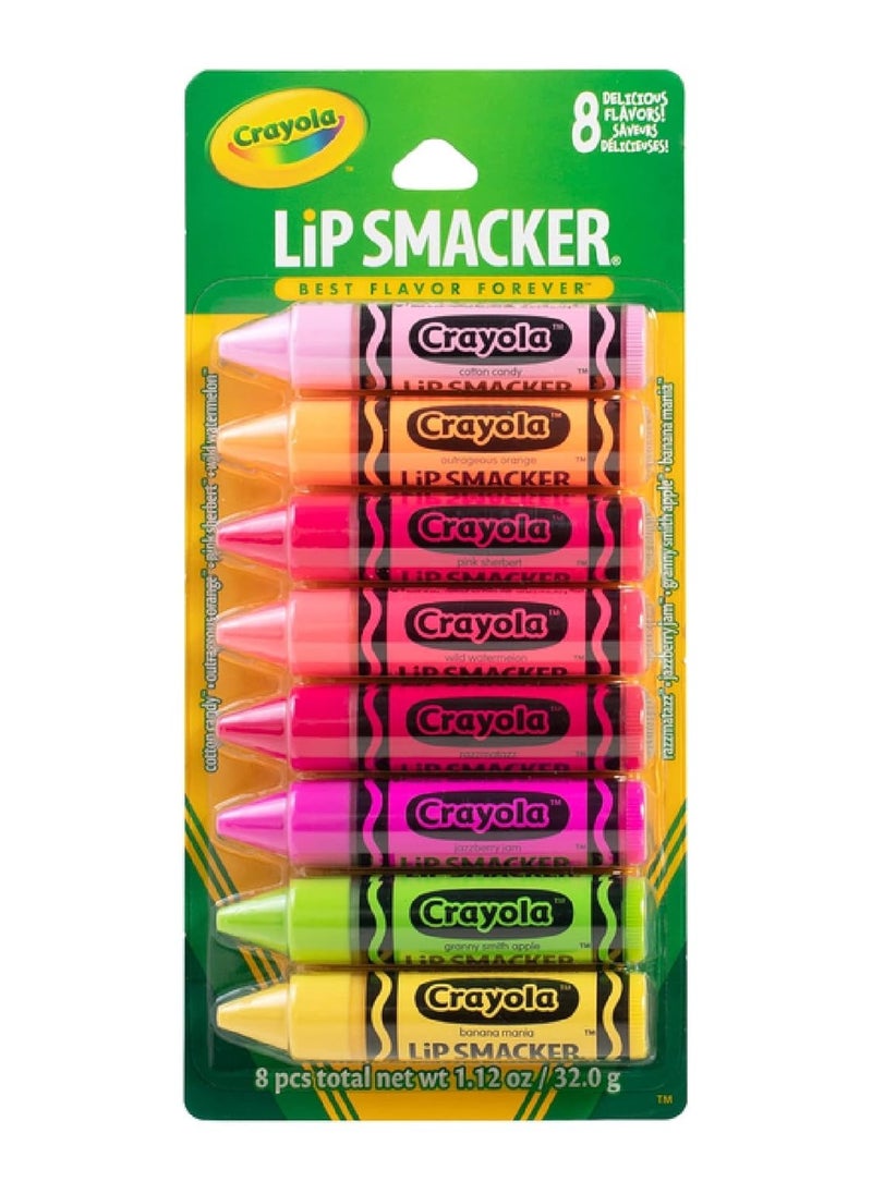 Lip Smacker Crayola Lip Balm Party Pack - 8 Moisturizing Lip Balms, Cotton Candy, Orange, Sherbert, Watermelon, Berry, Apple, Banana, Hydrating & Protecting - Cruelty-Free