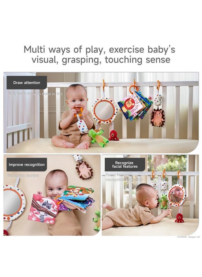 Car Seat Toys 3 6 9 12 Months, Plush Animal Rattle Mirror Soft Crinkle Book Baby Enlightenment Toy Set, Newborn Crib Stroller Play Gym Hanging Toys