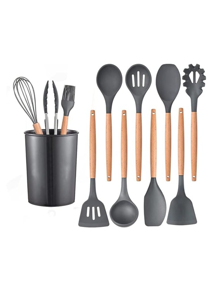 12PCS Kitchen Utensil Set Silicone Cooking Utensils Kit Spatula Heat Resistant Wooden Spoons Gadgets Tool for Non-Stick Cookware Assorted Colors - Assorted Colors