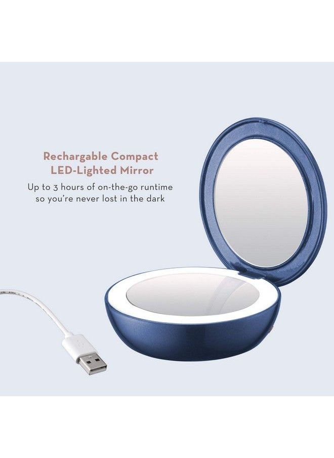 Lighted Makeup Mirror With Magnification Compact Mirror 1/3X Magnifying Mirror Travel Mirror With Light Rechargable In Blue