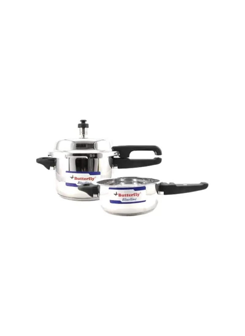 Butterfly Blueline 3 L, 2 L Induction Bottom Outer Lid Pressure Cooker & Pressure Pan (Stainless Steel), 3 liter