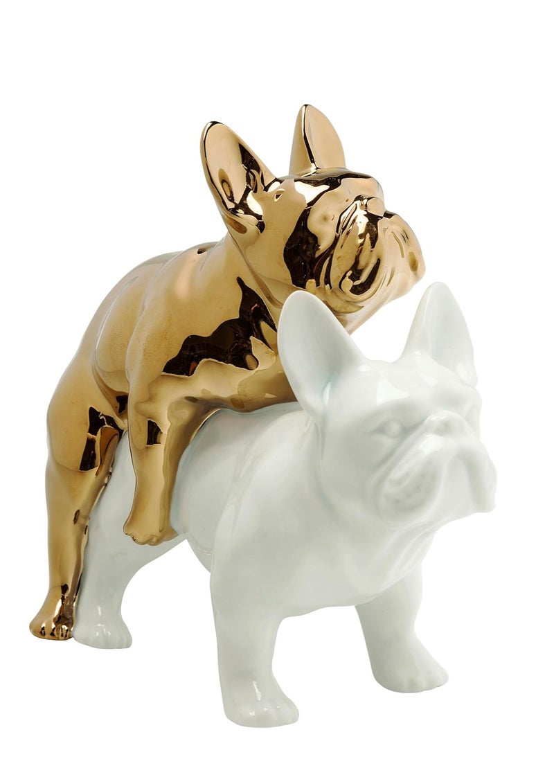 Love Dogs Deco Object, Gold/White Porcelain Animal Figure, 17x11x19.5 cm, Stylish Dog Figurine for Home Decor