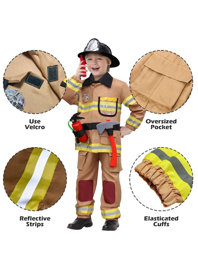 12Pcs Firefighter Costume For Kids, Brown Fireman Outfit With Complete Firefighter Accessories, Dress Up Pretend Play Toy Birthday Gift Halloween Costume For Boy Kid Toddler