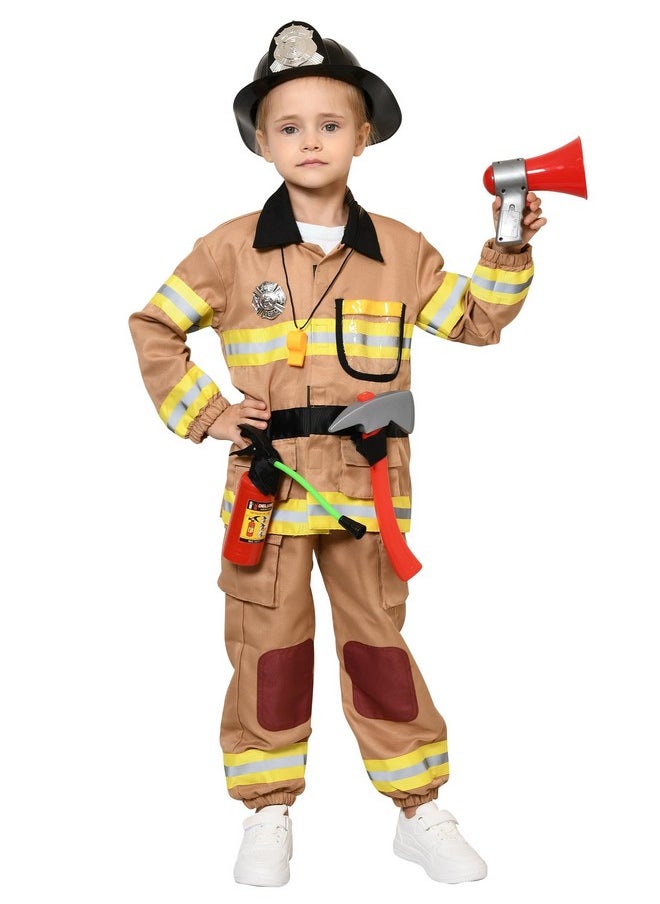 12Pcs Firefighter Costume For Kids, Brown Fireman Outfit With Complete Firefighter Accessories, Dress Up Pretend Play Toy Birthday Gift Halloween Costume For Boy Kid Toddler