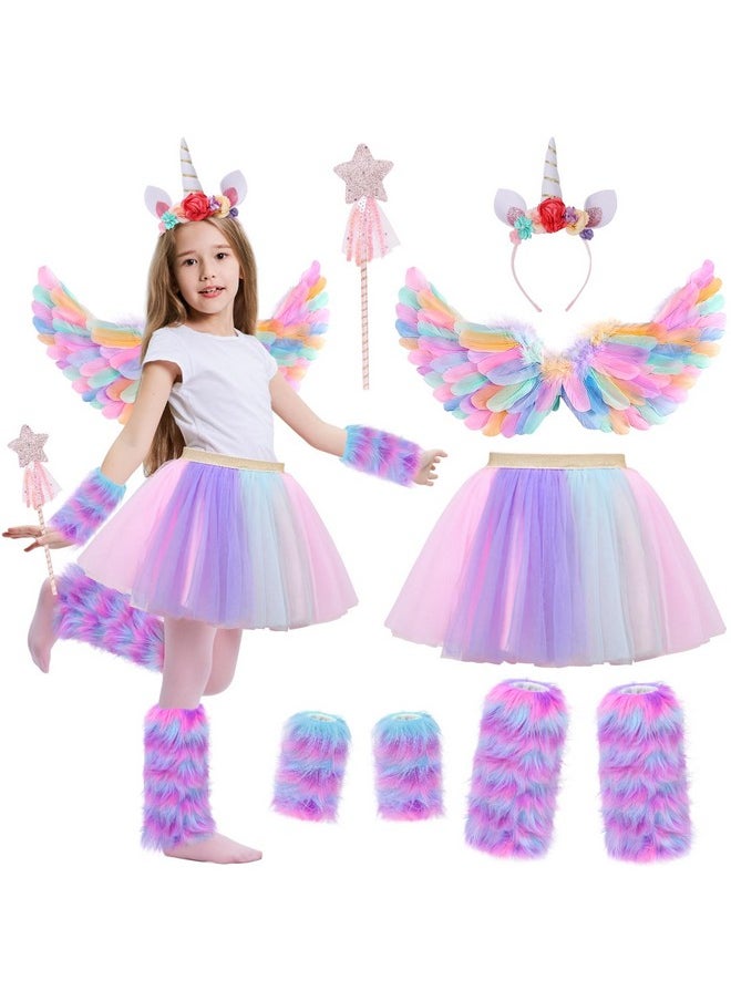 8Pcs Unicorn Costume For Girl With Fluffy Glove, Leg Warmer, Feather Wings, Tutu Skirt, Headband, Wand, Halloween Christmas Birthday Gift Toy Dress Up Clothes Unicorn Dress For Girl 4 5 6 7 8