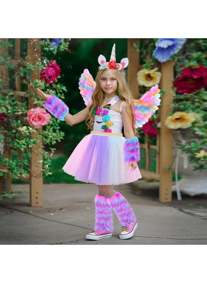 8Pcs Unicorn Costume For Girl With Fluffy Glove, Leg Warmer, Feather Wings, Tutu Skirt, Headband, Wand, Halloween Christmas Birthday Gift Toy Dress Up Clothes Unicorn Dress For Girl 4 5 6 7 8