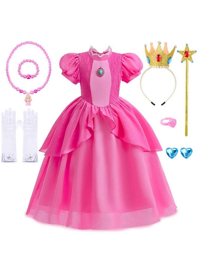 Princess Peach Costume For Girls,Princess Peach Dress With Accessories For Birthday Party Cosplay Halloween Christmas