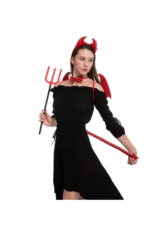 5 Pieces Halloween Devil Costume Set With Red Devil Wings, Devil Pitchfork, Bow Tie, Sequin Devil Horn Headband, And Devil Tail Demon Costume Accessories For Cosplay Party