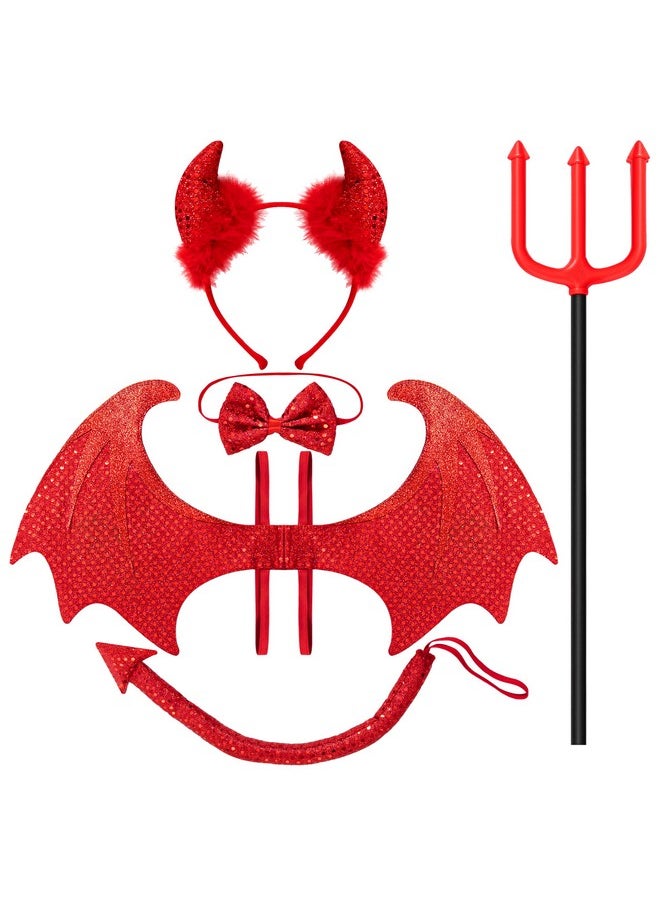 5 Pieces Halloween Devil Costume Set With Red Devil Wings, Devil Pitchfork, Bow Tie, Sequin Devil Horn Headband, And Devil Tail Demon Costume Accessories For Cosplay Party