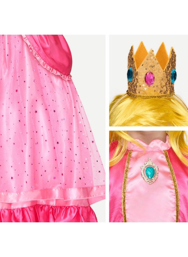 Halloween Princess Dress Up For Girls, Kids Pink Peach Princess Dress, Crown Costume Set For Toddler Birthday, Cosplay Roleplay Party (Small (5-7 Yrs))