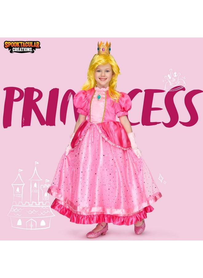 Halloween Princess Dress Up For Girls, Kids Pink Peach Princess Dress, Crown Costume Set For Toddler Birthday, Cosplay Roleplay Party (Small (5-7 Yrs))