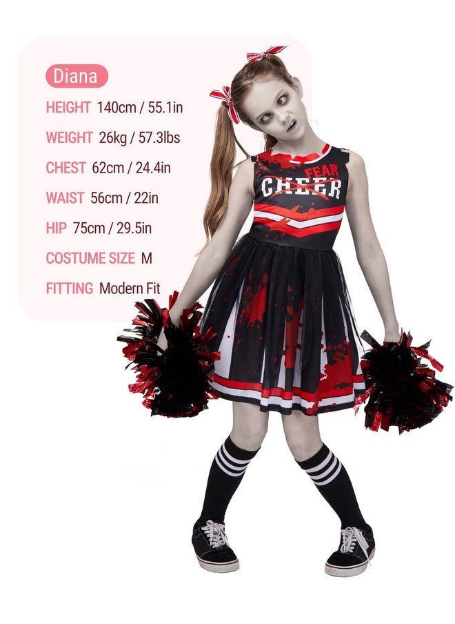 Halloween Cheerleader Costume For Girls, Kids Zombie Cheerleader Outfit, Dead Fearleader Dress For Halloween Scary Costume Role Play Parties, Red Black, M