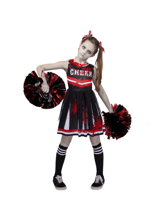 Halloween Cheerleader Costume For Girls, Kids Zombie Cheerleader Outfit, Dead Fearleader Dress For Halloween Scary Costume Role Play Parties, Red Black, M