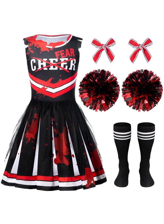 Halloween Cheerleader Costume For Girls, Kids Zombie Cheerleader Outfit, Dead Fearleader Dress For Halloween Scary Costume Role Play Parties, Red Black, M