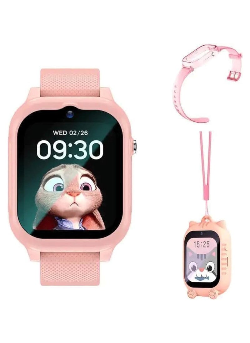 4G Kids Smart Watch With 4G Sim Card Support and Waterproof - 2023 Model with Video Call, GPS Tracker, and More, With Extra Band and Hanging Case (Pink)