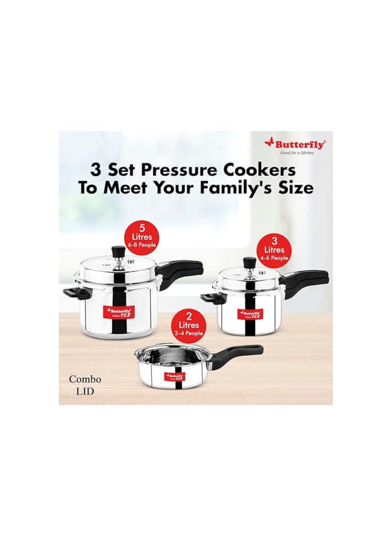 Butterfly Tez Triply 2, 3 & 5 Litres Pressure Cookers | Outer Lid |Triply Bottom | Faster & Healthy Cooking| Induction & Gas Stove Compatible | ISI Certified | 5 Years Manufacturer's Warranty | Silver