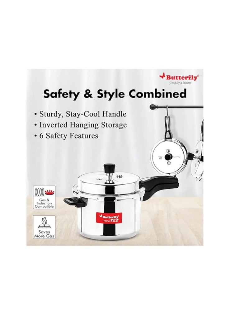 Butterfly Tez Triply 2, 3 & 5 Litres Pressure Cookers | Outer Lid |Triply Bottom | Faster & Healthy Cooking| Induction & Gas Stove Compatible | ISI Certified | 5 Years Manufacturer's Warranty | Silver