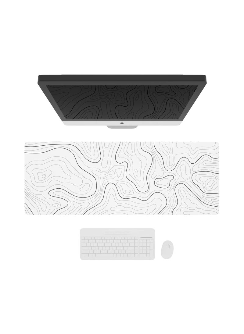 Large Gaming Mouse Pad with Stitched Edges, Minimalist Topographic Map Desk Mat, Extended XL Mousepad with Anti-Slip Base, Cool Desk Pad for Keyboard and Mouse, 31.5 x 11.8 in, White