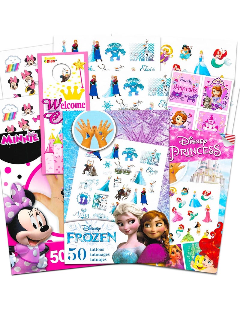 Disney Tattoos Party Favor Set for Girls - 150 Temporary Tattoos Featuring Minnie Mouse, Disney Princess and Frozen with Stickers and Door Hanger 6 Tattoo Sheets