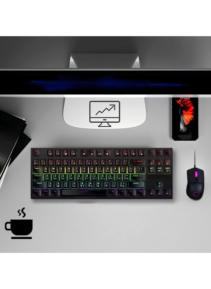 English Arabic Mechanical Gaming Keyboard with LED Backlit, 87 Keys Quick Response USB Interface Esport Waterproof Wired Keyboard for Windows,MacOS,Android PC Gamers  Black