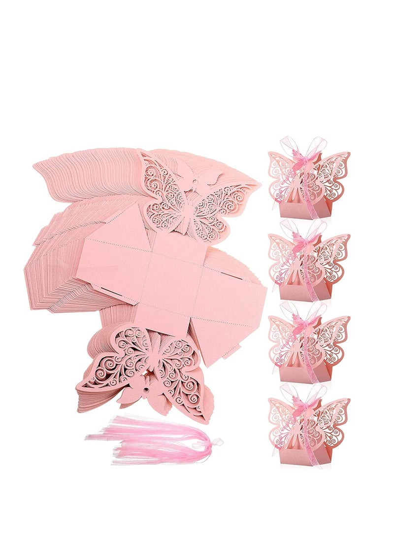 50 Pcs Candy Boxes Butterfly Laser Cut Favor Boxes With Ribbons Cute Chocolate Box For Wedding Girl Bridal Birthday Party Baby Shower Favors Decoration Supplies Pink