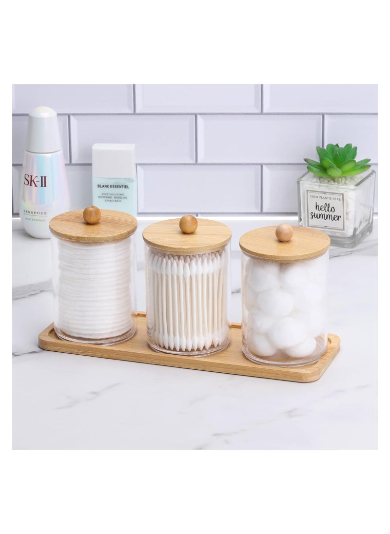 10 Oz Cotton Swab/Ball/Pad Holder with Vanity Tray, Qtip Apothecary Jar, Clear Bathroom Containers Dispenser for Storage 3 Pack Wood Lids