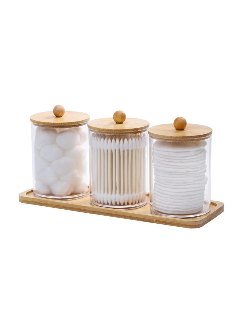 10 Oz Cotton Swab/Ball/Pad Holder with Vanity Tray, Qtip Apothecary Jar, Clear Bathroom Containers Dispenser for Storage 3 Pack Wood Lids