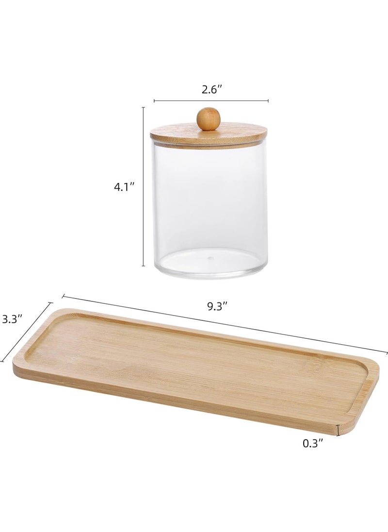 10 Oz Cotton Swab/Ball/Pad Holder with Vanity Tray, Qtip Apothecary Jar, Clear Bathroom Containers Dispenser for Storage 3 Pack Wood Lids