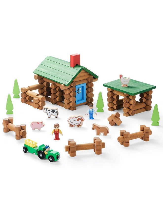 Wooden Log Cabin Set Farm Building House Toy For Toddlers, 122 Pcs Classic Stem Construction Kit With Colorful Wood Logs Blocks For 3+ Years Old