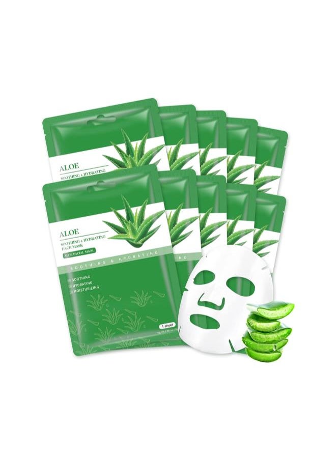 Aloe Vera Soothing Mask Hydrating Face Masks Skincare Moisturizing Facial Sheet Mask Skin care for Dry, Oily, Sensitive Skin Face Mask for Acne, Sun Care, Calming, 25ml/0.88oz, Pack of 10