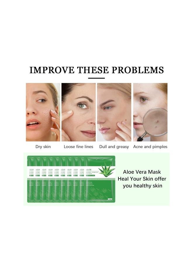 Aloe Vera Soothing Mask Hydrating Face Masks Skincare Moisturizing Facial Sheet Mask Skin care for Dry, Oily, Sensitive Skin Face Mask for Acne, Sun Care, Calming, 25ml/0.88oz, Pack of 10