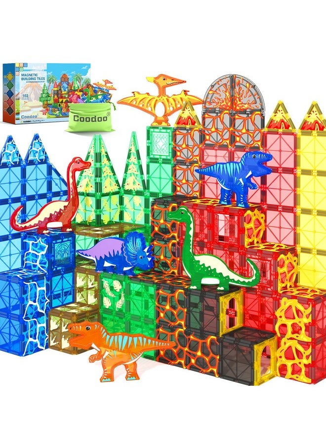 102Pcs Dinosaur Toys Magnetic Tiles With 8 Dinosaurs - Jurassic Scenes Dinosaur World Adventure Set, Magnetic Blocks Kids Toys For Boys & Girls Ages 3+, Sensory Toddler Toys Creative Kids Games Gifts