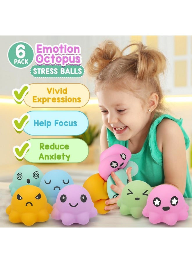 Stress Ball Squishy Fidget Toys: 6 Pack Cute Octopus Squeeze Balls Bulk - Dough Stress Relaxation Toy Pack For Kids Adults Hand Grip Sensory Toys, Prize Box Toys For Classroom