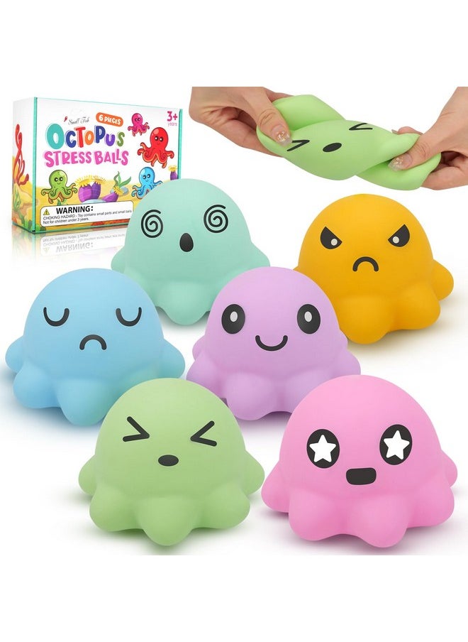 Stress Ball Squishy Fidget Toys: 6 Pack Cute Octopus Squeeze Balls Bulk - Dough Stress Relaxation Toy Pack For Kids Adults Hand Grip Sensory Toys, Prize Box Toys For Classroom