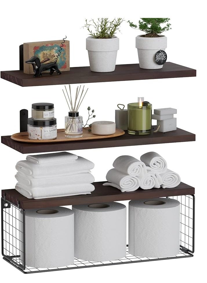 3-Tier Bathroom Organizer Floating Shelves with Storage Basket Over Toilet Paper Holder Shelf Rack Wall Mounted Rustic Wooden Decor Shelf for Living Bedroom Kitchen Office Classroom