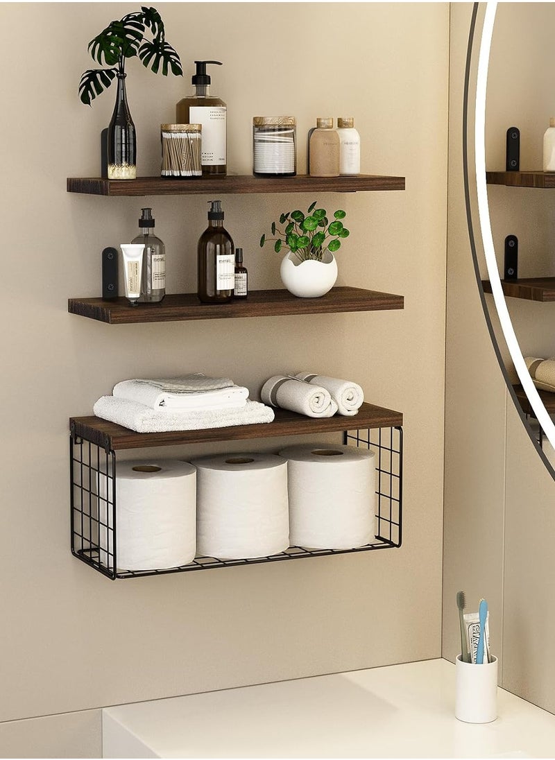 3-Tier Bathroom Organizer Floating Shelves with Storage Basket Over Toilet Paper Holder Shelf Rack Wall Mounted Rustic Wooden Decor Shelf for Living Bedroom Kitchen Office Classroom